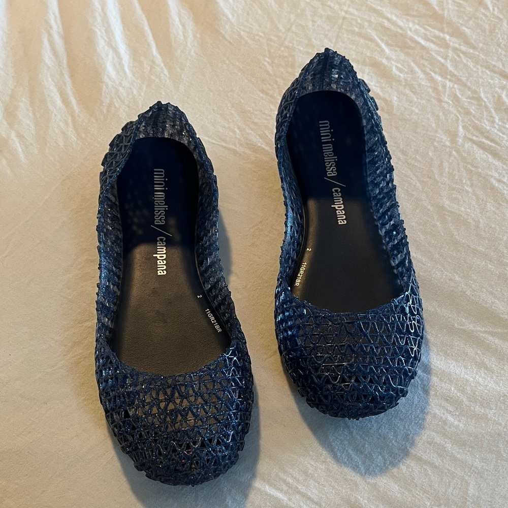 Mini Melissa blue glitter Campana  jelly flats sz3